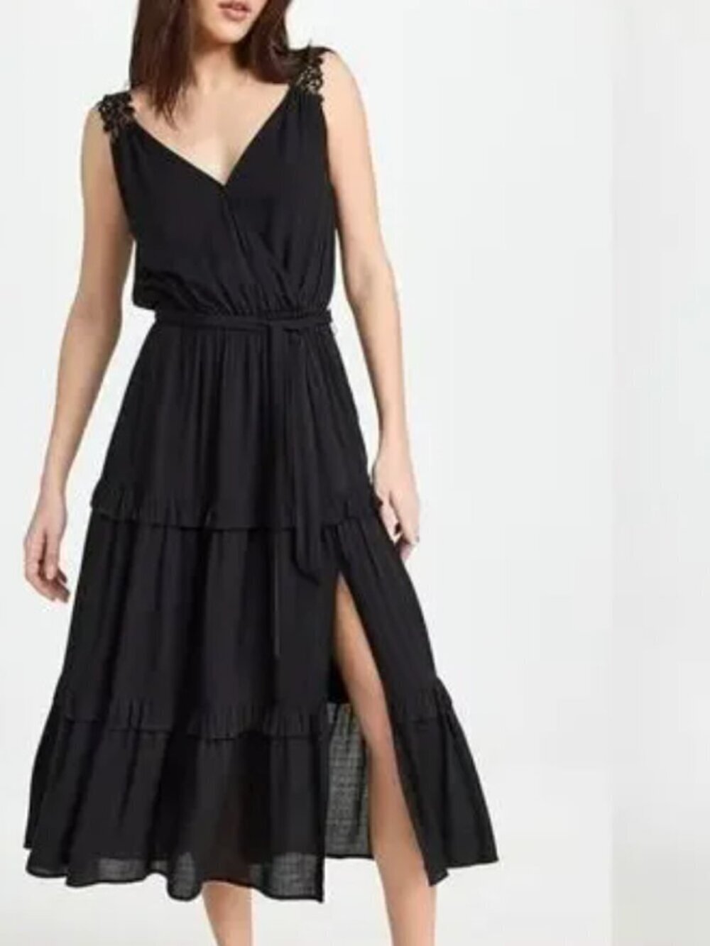 Paige Riviera Dress Sleeveless V-Neck Floral Lace Straps Tiered Midi Black XL